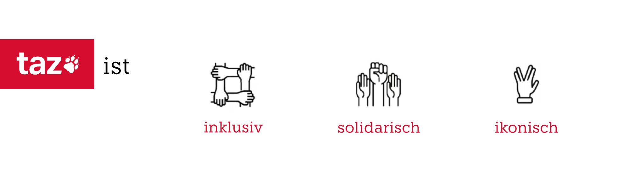 taz-Verlag-design-prinzipien Die Designprinzipien der taz:„inklusiv, solidarisch, ikonisch“ – dargestellt durch starke Symbole der Gemeinschaft. Design der Symbole ©Janine Sack und Christian Küpker.