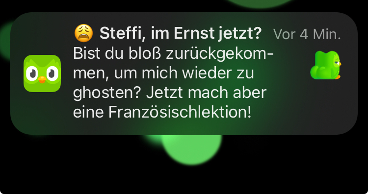 Screenshot of a Duolingo notification  (in German) on a dark background, which says 'Steffi, seriously? Did you just come back to ghost me again? Now do a French lesson!' On the left, the Duolingo app icon with a green owl with a neutral expression, on the right, a smaller green owl with an offended, turned-away facial expression.