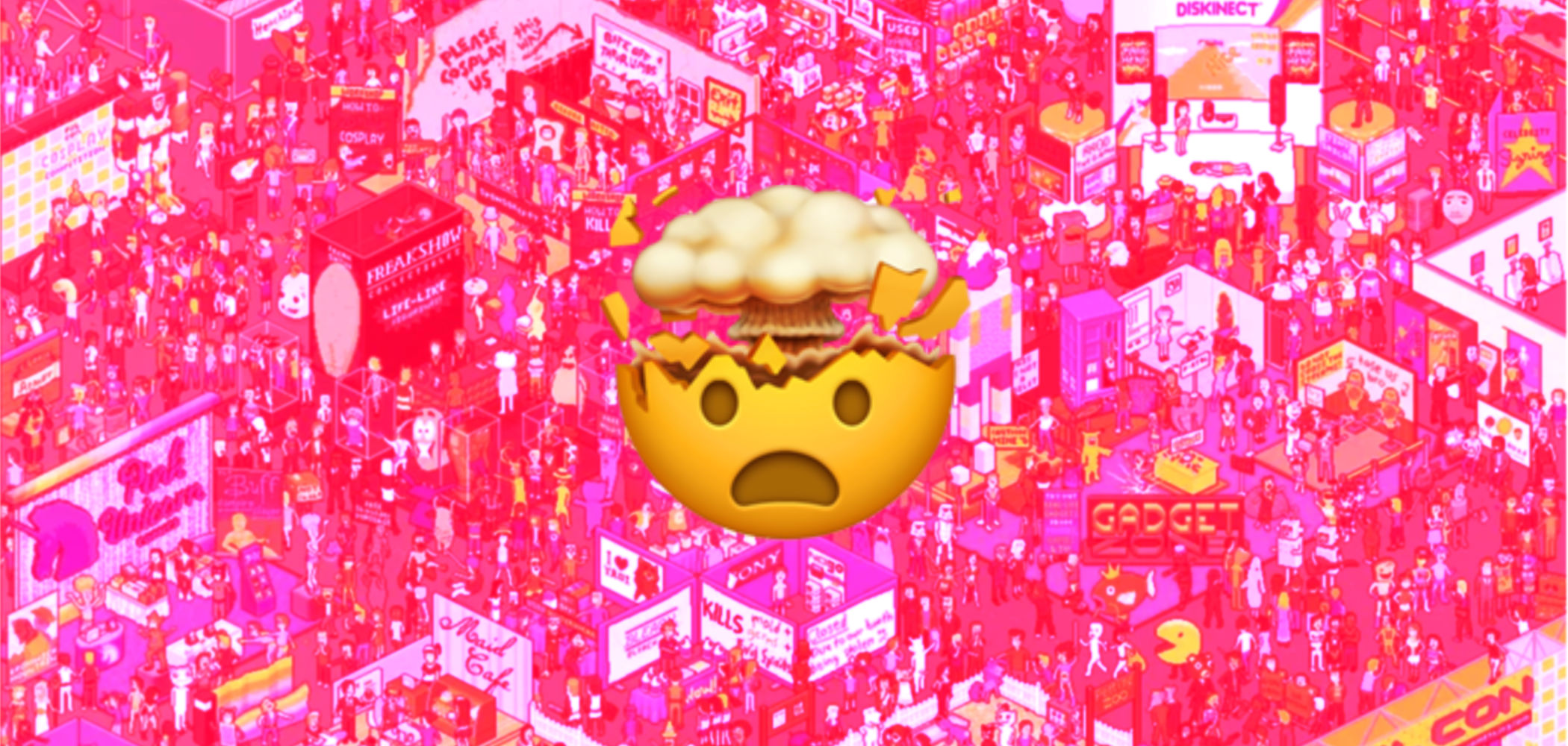 Eine bunte, komplexe und kleinteilige 8-Bit Illustration einer Messeszene. Die Szene ist mit einem grellen Pinkton überlagert. Das explodierender Kopf Emoji überlagert groß die Szene.