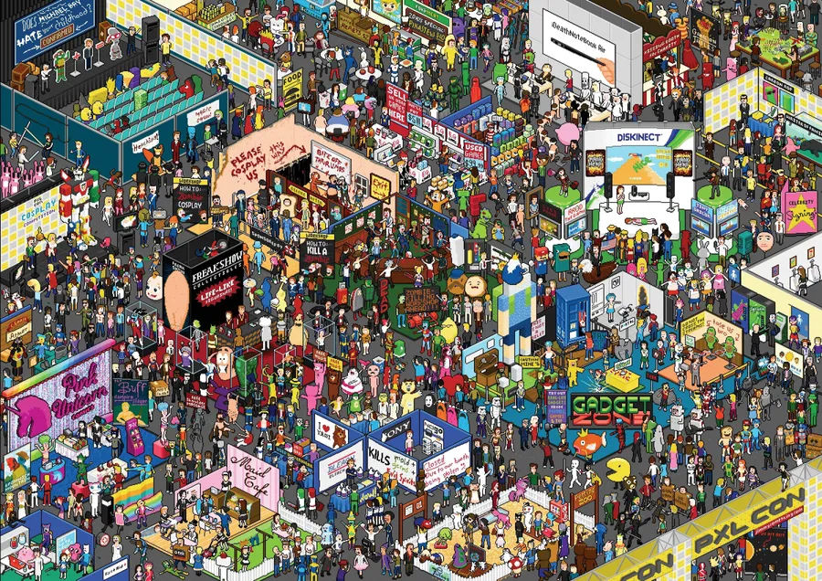 Eine komplexe und detailreiche Messeszene aus der klassischen „Wo ist Wally?“-Reihe. Wally hat sich in einer geschäftigen Menschenmenge versteckt und fordert die Betrachter heraus, ihn in der Messe zu finden. Die lebhaften Farben und die reichhaltigen Details vermitteln ein eindrucksvolles Bild der Messe und bleiben dabei dem Thema des Buches – versteckte Objekte und detailreiche Suchrätsel – treu.