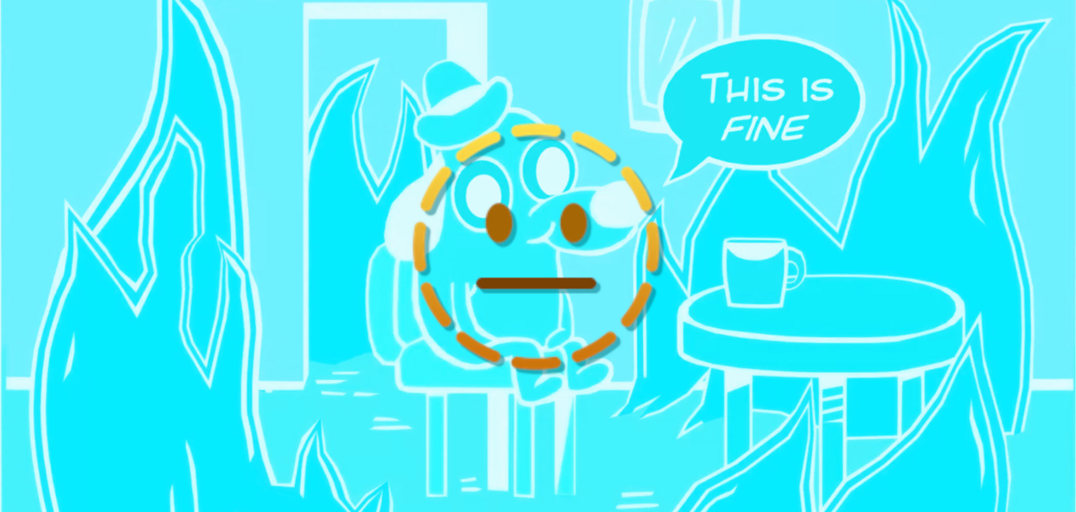 barrierefreiheit-care-audit-cover-BIRD-UX Hellblaue und weiße Illustration eines Hundes mit Hut, der auf einem Stuhl sitzt und von Flammen umgeben ist. Sprechblase mit den Worten “This Is Fine”. Das gestricheltes Gesicht Emoji überlagert groß die Szene.
