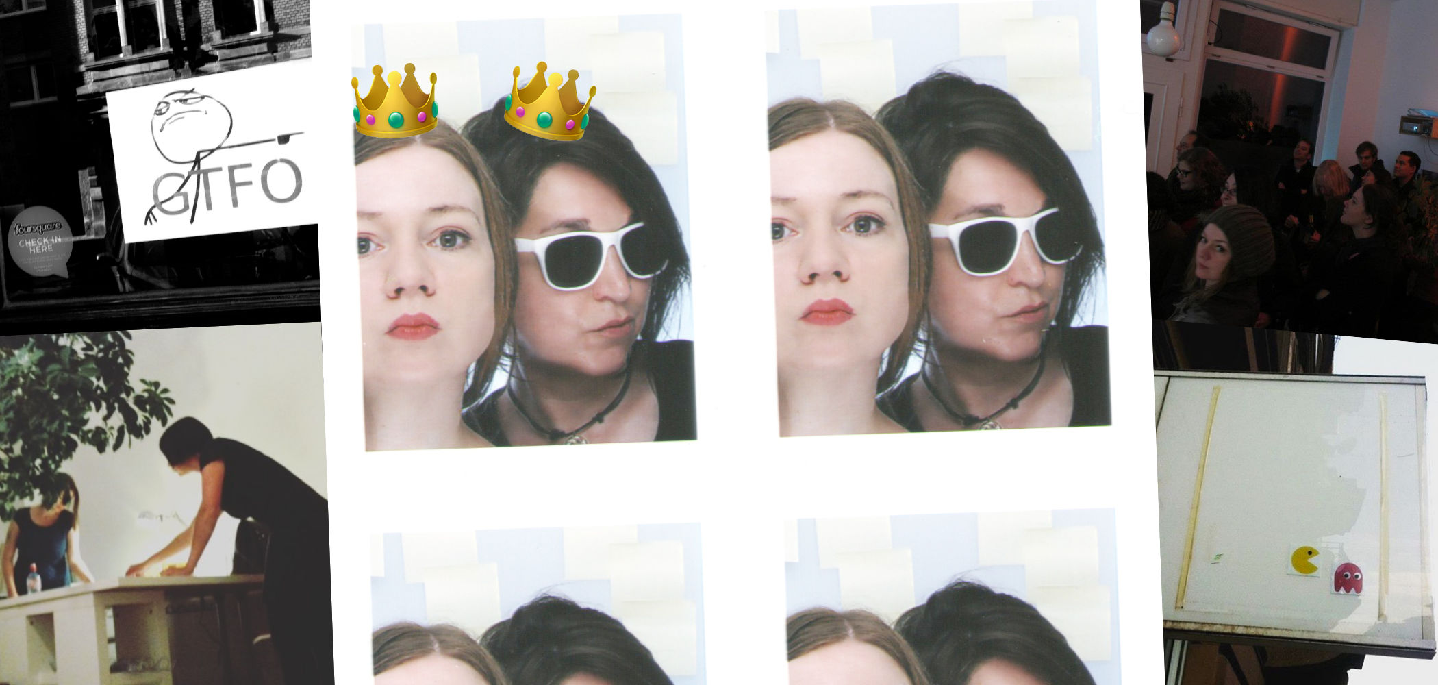 the-queen-is-dead-cover-BIRD-UX Kollage von alten Bildern aus dem ersten Studio von The Geekettez: Innen- und Außenansichten. Darüber ein Fotoautomat Bild von Jennifer Moss und Stefanie Kegel aus dem Gründungjahr. Beide haben eine Emoji Krone auf dem Kopf.